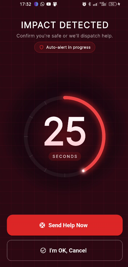 NeuraShield app · impact detected, SOS countdown